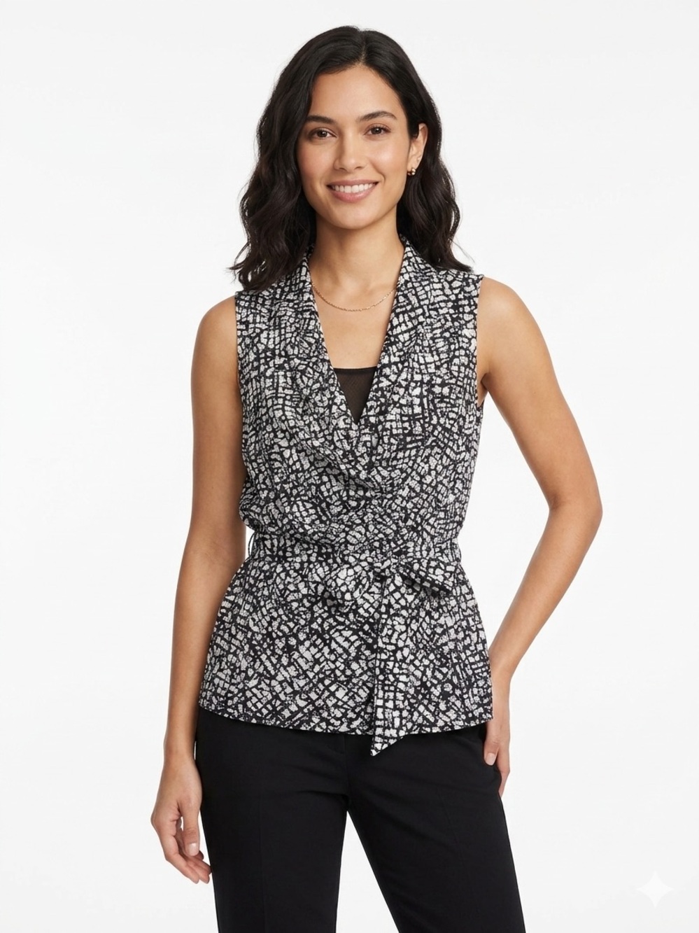Lafayette 148 New York Black White Silk Cowl Neck Sleeveless Waist Tie Blouse